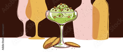 Two scoops of green pistachio ice cream in a classic coupe glass, garnished with chopped nuts in a stylish hand-drawn illustration with a modern, retro vibe