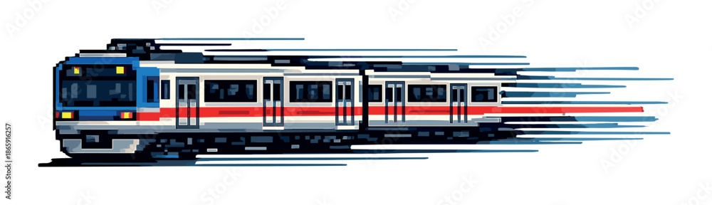 Obraz premium Pixel art high-speed train with motion blur effect on gradient background