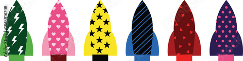The image presents a row of six stylized rocket ship illustrations against a clean white background.