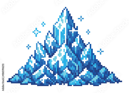 Glowing blue ice mountain pixel art with sparkling stars