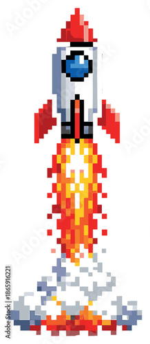 Pixel art rocket liftoff with fiery exhaust in dark space background