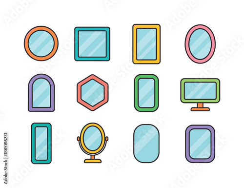 Colorful Mirror Icons. Mirror shapes. Colorful flat vector icons set of mirror shapes: round mirror, square mirror, rectangular mirror, oval mirror, arch