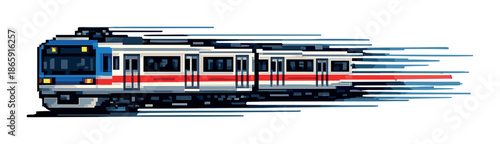 Pixel art high-speed train with motion blur effect on gradient background