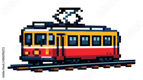 Pixel art retro tram on tracks