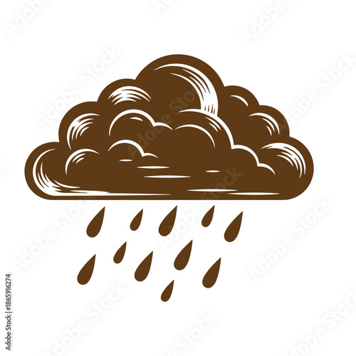 Brown rain cloud with raindrops isolated on white background
