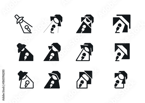 Celebrity Interview Icons. Celebrity interview. Icon set. Set Logo of celebrity interview: spotlight beam icon. harmonious logo variations of the
