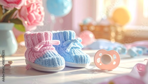 Adorable Baby Booties and Pacifier - A Gender Reveal Celebration.