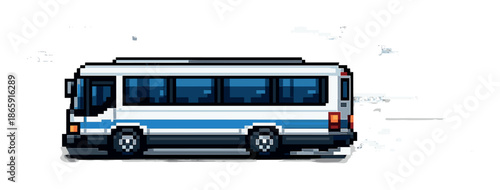 Pixel art bus on digital blue background with shining effects