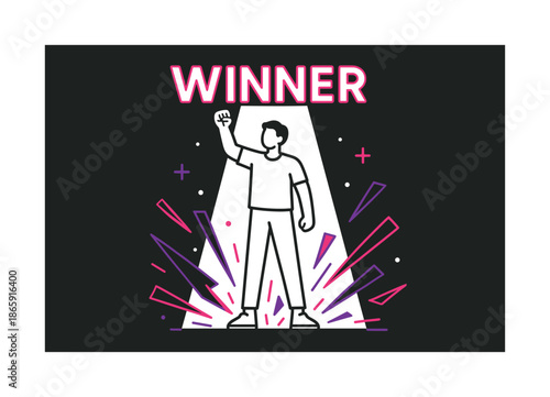 Champion's Radiant Spotlight. Victory spotlight. A contestant stands tall, illuminated by a clean beam; dynamic geometric sparks burst at their feet. ?WINNER?
