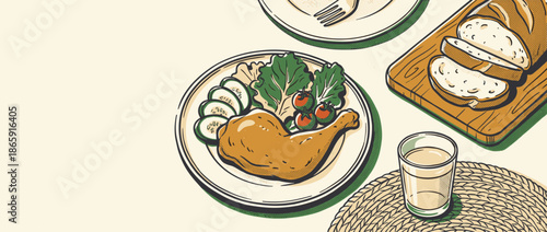 Hand-drawn illustration of a roasted chicken leg with fresh salad, tomatoes, and cucumber on a plate, presented in a charming retro comic book style with bold outlines