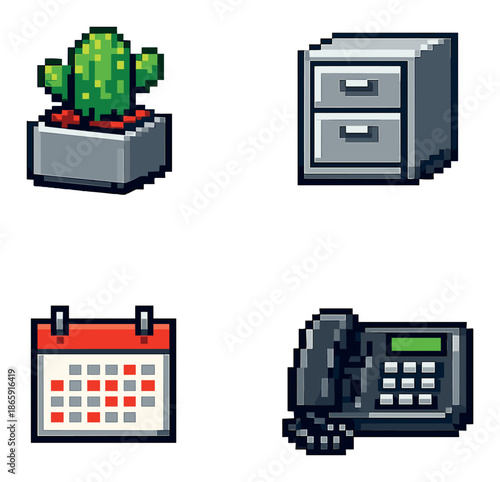Pixel art office icons: cactus, file cabinet, calendar, phone