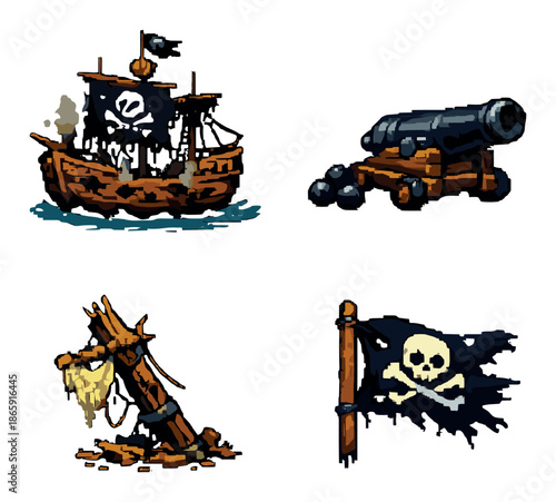 Pixel art pirate ship, cannon, treasure map, and skull flag icons
