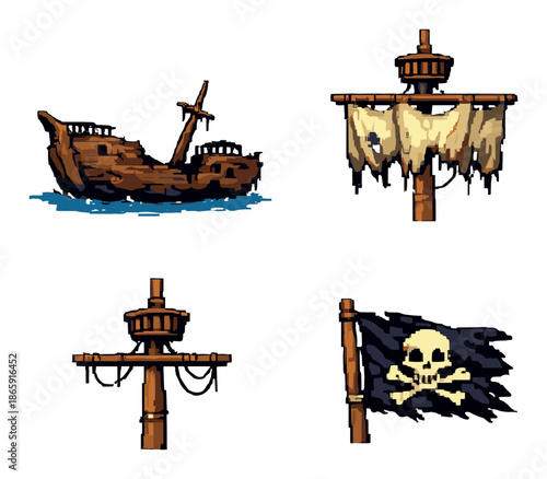 Pixel art pirate ship wreck with tattered sails and skull flag icon set