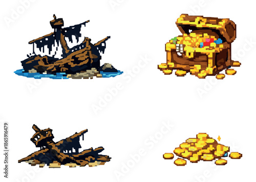 Pixel art treasure chest and sunken ship with coins and gems