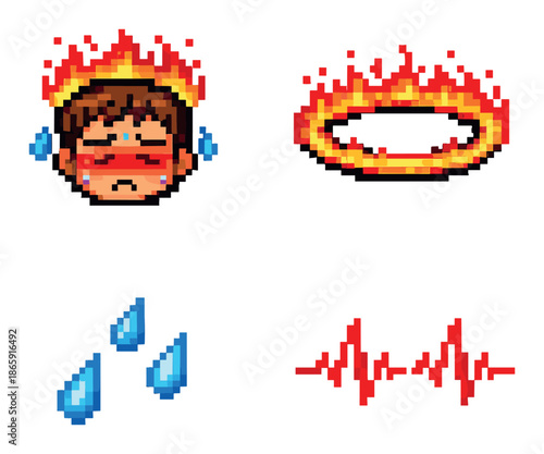 Pixel art emojis: overheated face, fiery halo, blue water drops, red soundwaves