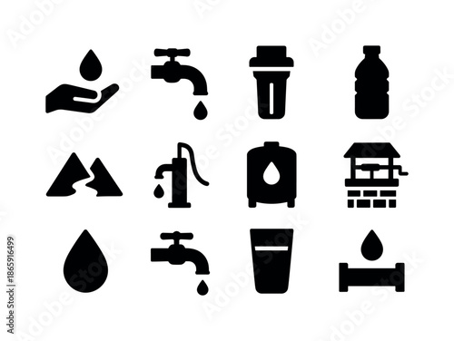 Clean Water Icons. Clean water access. Solid icon set of Clean water access: hand with droplet, faucet, filter, bottle, water source, pump, tank, droplet, tap