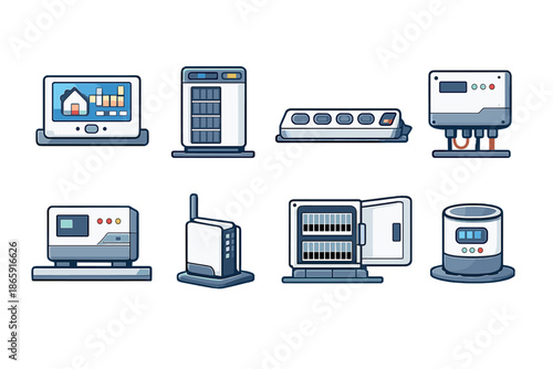 Set of technology and industrial device icons in blue tones