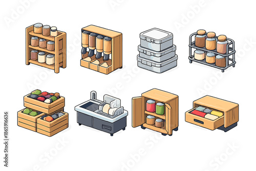 Isometric pantry items and containers illustration on shelves