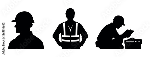 Silhouettes of construction workers in various poses with safety gear