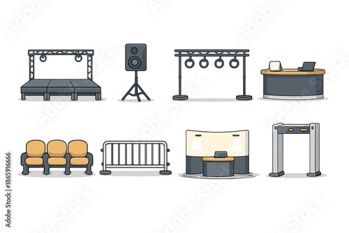 Event venue elements with stage, speaker, and seating illustration