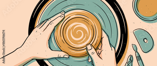 Graphic illustration of a potter's hands shaping wet clay on a spinning wheel, a top-down view of the creative process in a workshop with bold lines and a muted color palette