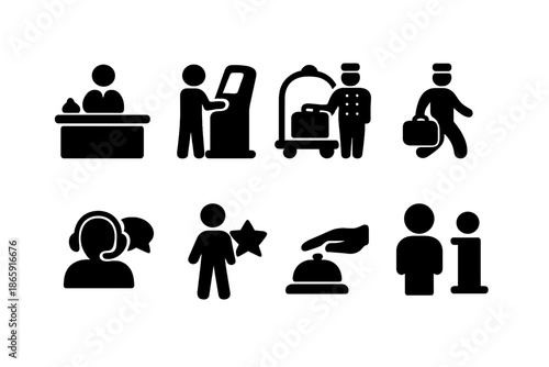 Hotel service icons set including reception and bellhop