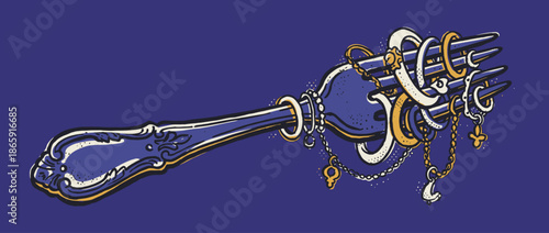 Ornate vintage blue and gold fork decorated with beautiful rings, chains, and pendants in a detailed, hand-drawn illustrative style with stippling textures