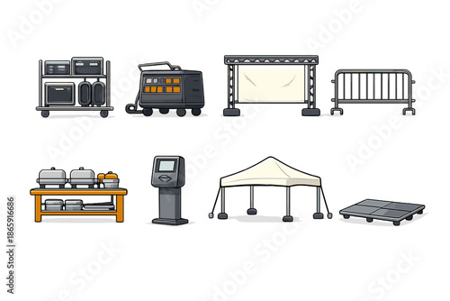 Event equipment icons set featuring tents and sound systems