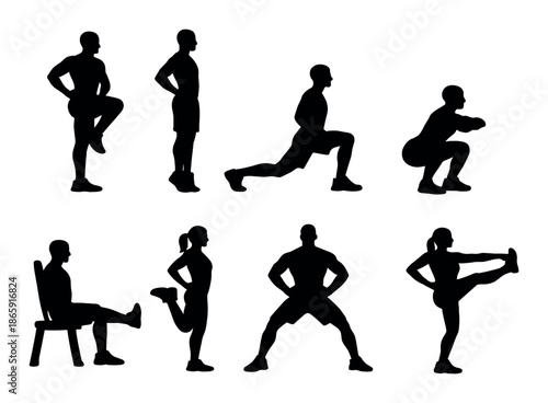 Silhouette of diverse male and female exercise poses for fitness routine