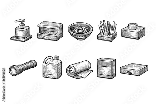 Hand-drawn toiletry and household item icons set on gray background