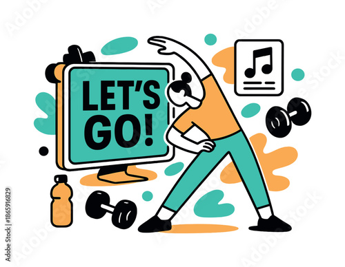 Let's Go Challenge. Challenge Kickoff Scene. A figure stretches in front of a digital screen that says ?Let?s Go!? surrounded by stylized dumbbells, water