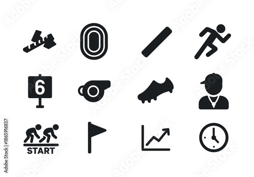 Track Running Icons. Track running. Solid icon set of Track running: starting blocks, track lanes, baton icon, sprint icon, lap counter, track whistle, spikes