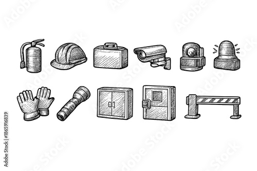 Hand-drawn security equipment icons on a dark background