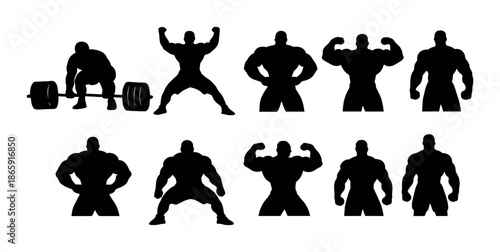 Silhouettes of bodybuilders performing poses and lifts