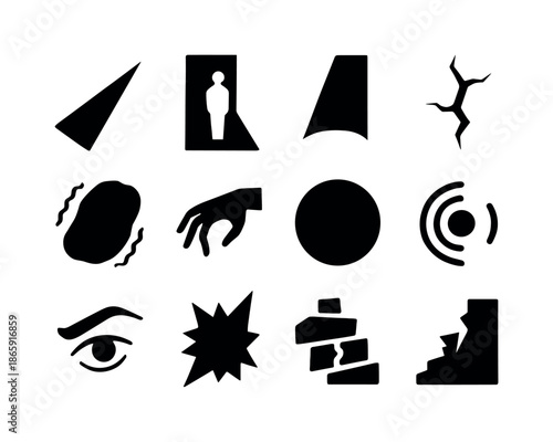 Shadowy Icon Grid. Shadowy tension. Solid icon set of Shadowy tension: sharp shadow, cornered silhouette, narrow beam of light, crack in wall, trembling