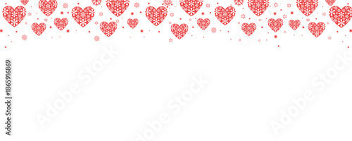 Vibrant seamless horizontal border of pink and red hearts with sparkling snowflakes and stars on transparent background. Perfect for Valentine's Day, romantic designs, love cards, invitations.