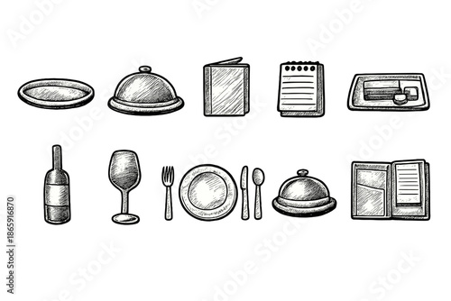 Hand-drawn restaurant icon set with various dining elements