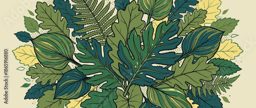 Decorative botanical illustration of various leaves in a hand-drawn retro style with bold outlines and halftone dot shading, featuring a lush composition of fern and tropical foliage