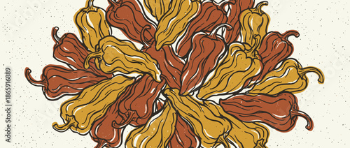 Yellow and red bell peppers illustration with a bold graphic outline and distressed texture, arranged in a circular, floral-like composition for a rustic, organic feel