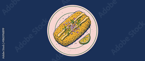 Illustrated breaded fried fish fillet on a pink plate, garnished with creamy sauce, diced red onion, fresh dill, and a lemon wedge in a graphic, top-down view