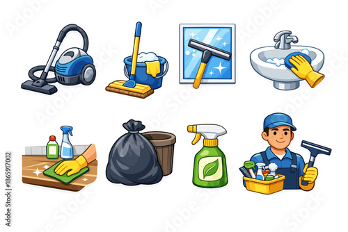 Cleaning tools and equipment icons for home and professional use