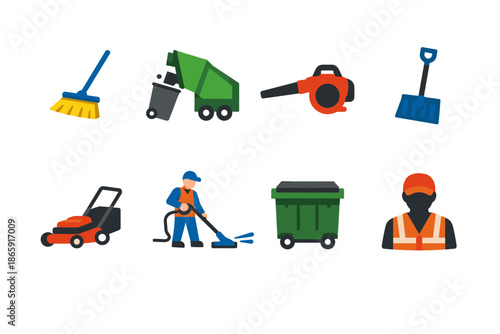 Set of colorful waste management and cleaning icons in flat design