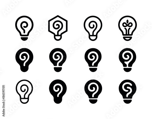 Curiosity Logo Variations. Curiosity. Icon set. Set Logo of Curiosity: lightbulb with a spiral filament inside. harmonious logo variations of the