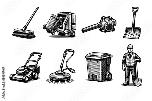 Set of retro illustrations of cleaning and gardening tools and equipment