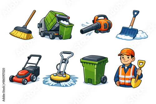 Set of cleaning and maintenance icons featuring tools and equipment