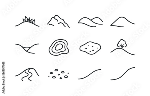 Hill Terrain Icons. Hill terrain. Line icon set of Hill terrain: grassy hill, rocky slope, rolling landscape, hilltop icon, valley curve, contour lines, dirt