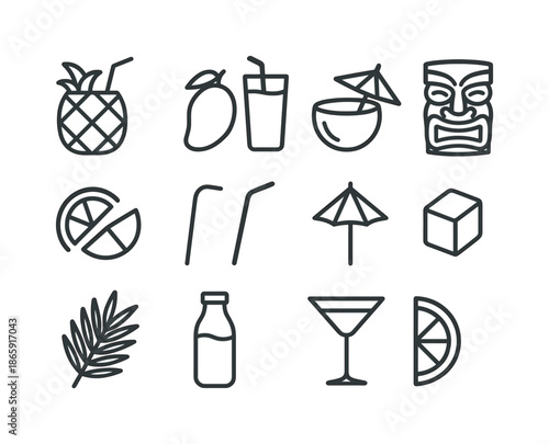 Tropical Drink Icons. Tropical beverages. Line icon set of Tropical beverages: pineapple drink, mango smoothie, coconut drink, tiki cup, fruit slice, straw,
