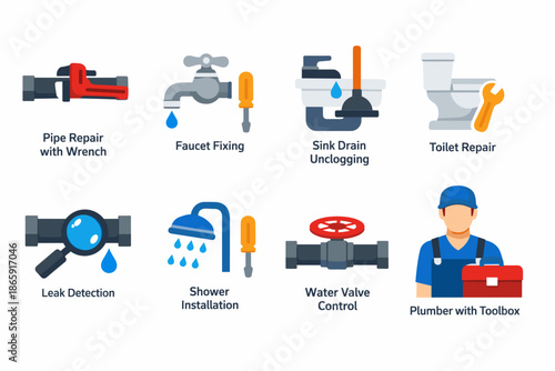 Plumbing service icons with tools for repair and maintenance