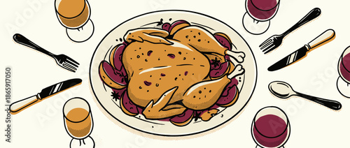 Roasted whole chicken illustration on a platter surrounded by wine glasses and cutlery in a festive top-down view, rendered in a retro graphic style with bold lines and halftone dots