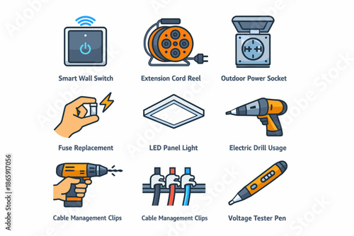 Home electrical tools and devices illustrated set for maintenance